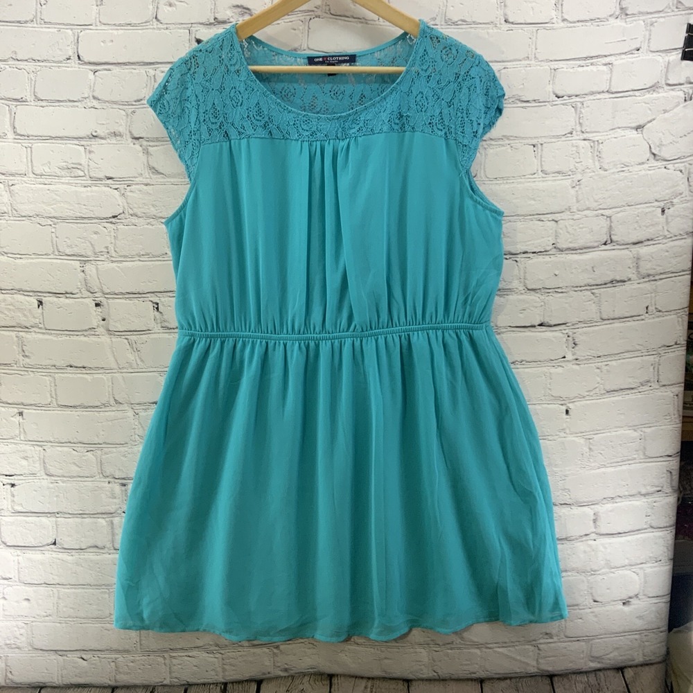 One Clothing Dress Womens Plus Sz 1X Teal Lace Trim‎ Blouson